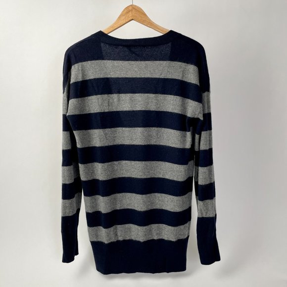Vince 100% Cashmere Long Line V Neck Sweater, Navy/Grey Stripes, Size L - Picture 6 of 8